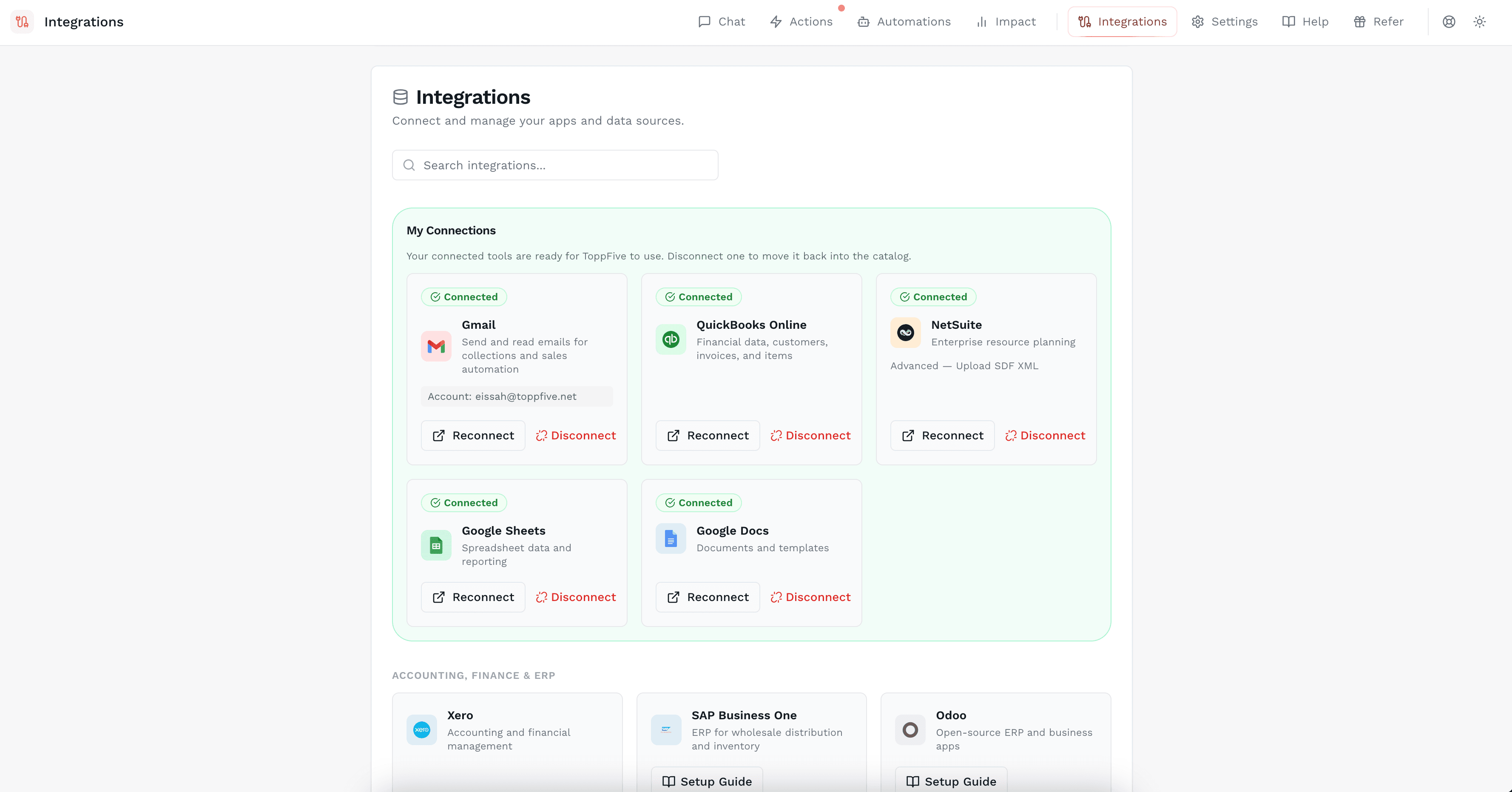 ToppFive Integrations page showing connected apps and data sources