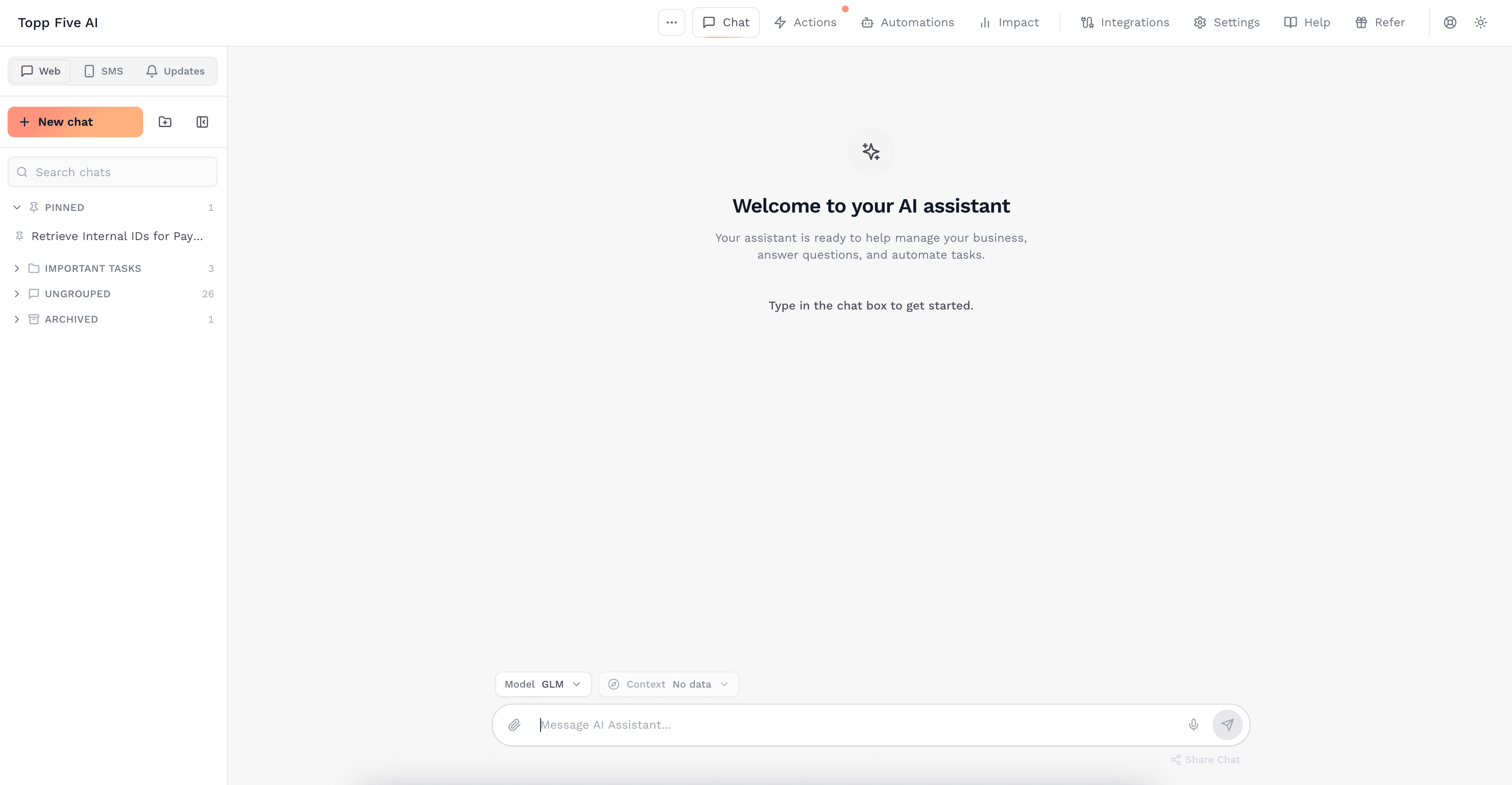 ToppFive AI assistant chat workspace